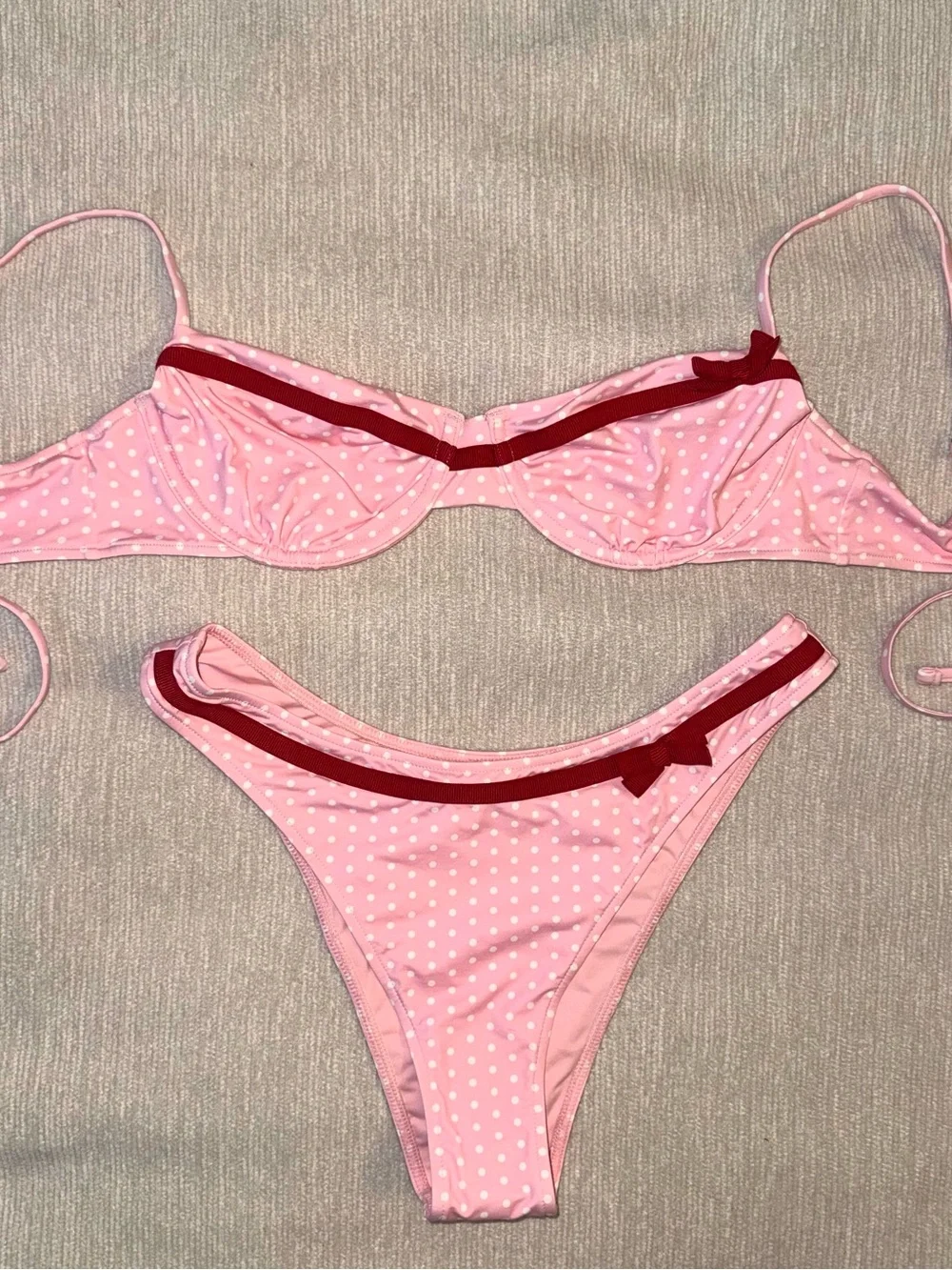 New Frankie’s Bikinis Set Morning Dove Pink Red Love Sexy Bra Polka Dot Medium